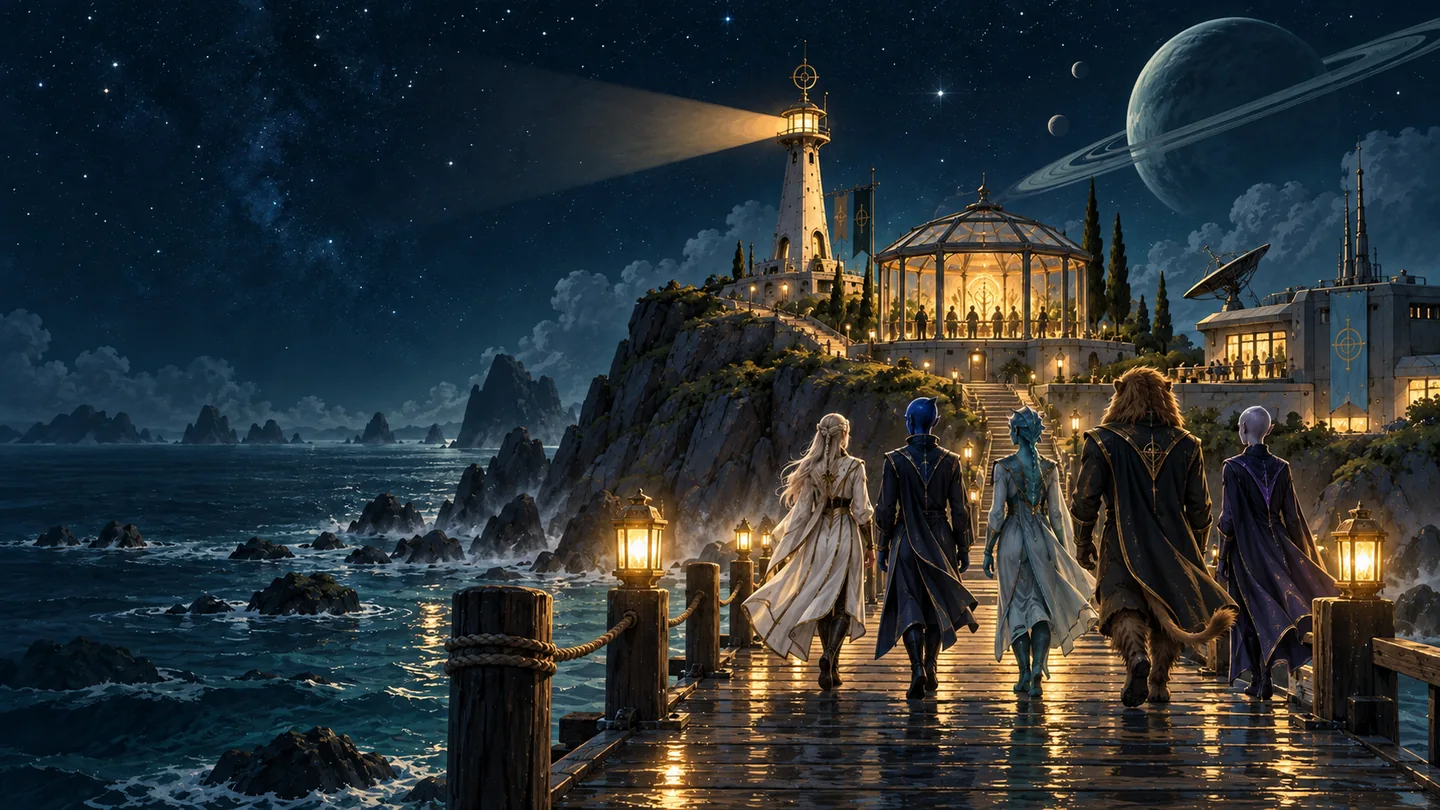 Five Federation guides walk toward a lantern-lit harbor archive beneath a starry sky.