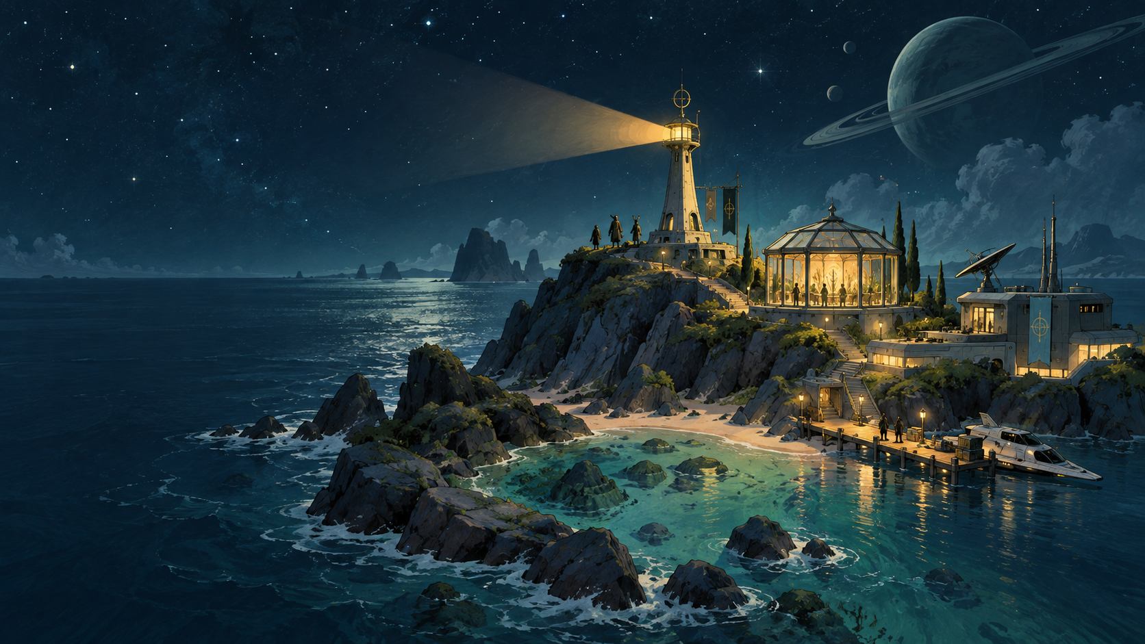 An illustrated Federation orbital harbor at night, with a glowing beacon, archive pavilion, relay station and ocean