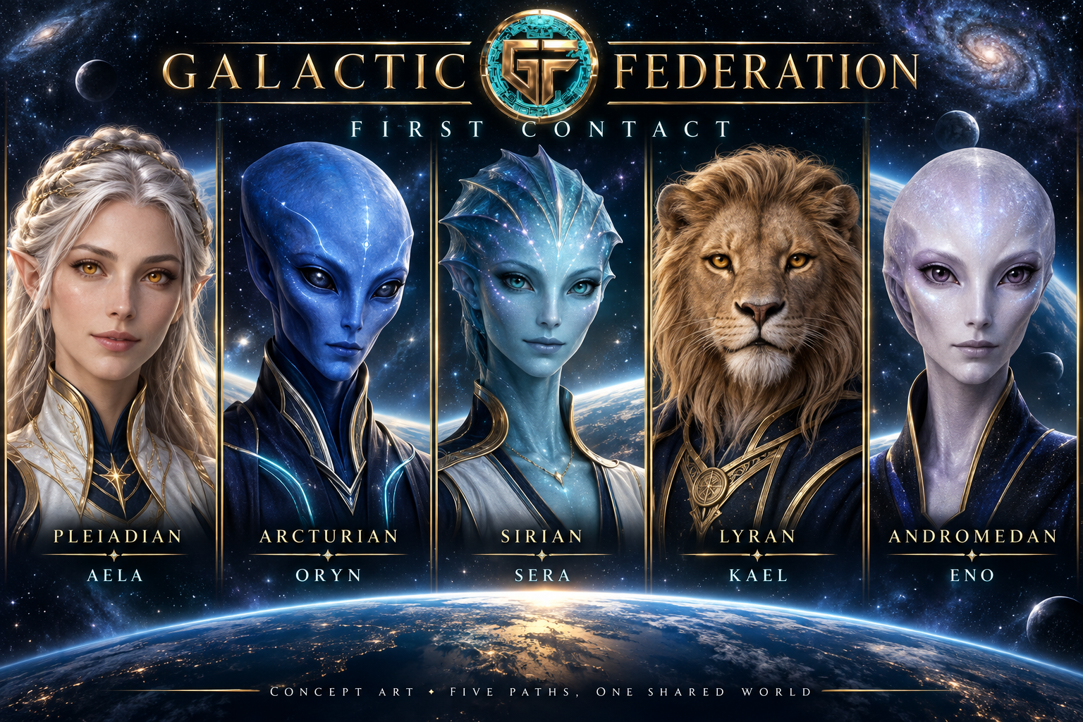 Five original Federation guides: Aela, Oryn, Sera, Kael, and Eno, in gold and cyan against space.